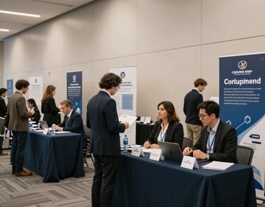 A bright career fair hall in a North American / US city, clean modern booths, soft professional lighting, showcasing a community of growth and employment opportunities.