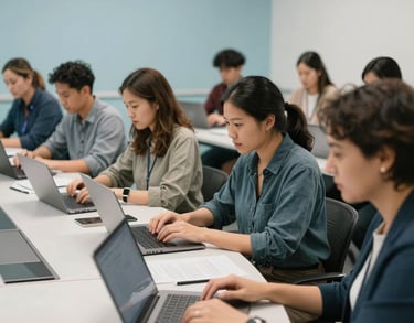 A collaborative workshop environment where a diverse group of adults are working on laptops in a clean, professional North American / US classroom space with pale blue accents.