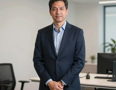 Portrait of an interview specialist in a sleek, minimalist office setting, professional lighting, steel blue and off-white tones, North American / US corporate environment.