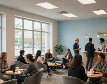 An interior shot of a professional community lounge where people are networking, high ceilings, large windows, off-white and pale blue color palette, North American / US design.