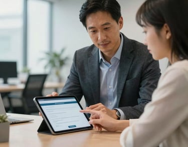 A mentor guiding a job seeker through a digital application on a tablet, modern bright office space, professional and encouraging atmosphere, North American / US style.