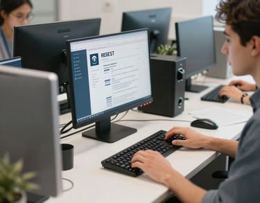 A clean, organized resume-building station with modern computers in a well-lit North American / US NGO office, emphasizing productivity and accessibility.