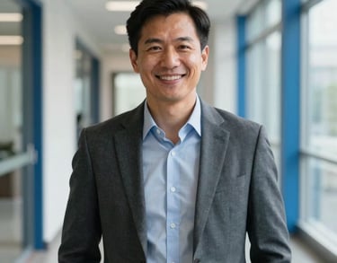 Professional portrait of a placement lead in business-casual attire, smiling confidently in a bright North American / US office hallway with steel blue architectural details.