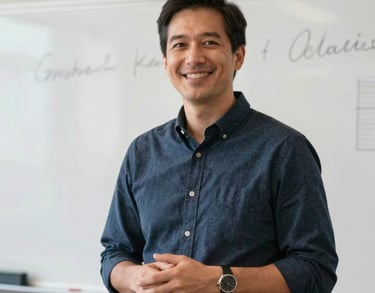 Professional portrait of a skill workshop instructor standing before a whiteboard in a clean North American / US office, bright lighting and friendly expression.