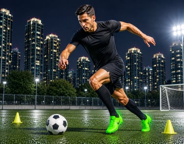 Futbolista realizando ejercicio de agilidad y control de balón.