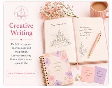 Creative writing journals and stationery on a pink desk with flowers and coffee.