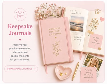 Pink keepsake journals with gold foil lettering, flowers, and scrapbooking photos on a desk.