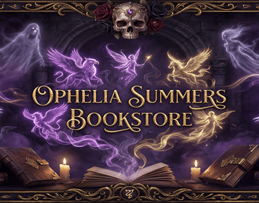 Ophelia Summers Bookstore banner featuring golden text surrounded by mystical creatures, ornate skul