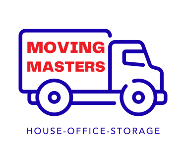 Moving Masters logo featuring a blue truck icon for house, office, and storage relocation services.