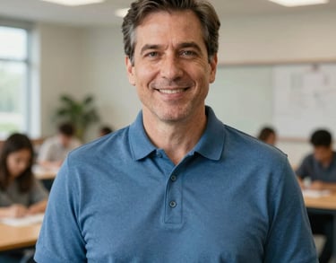 A professional portrait of a man in his 50s with a warm, confident expression, wearing a steel blue polo shirt, shot in a bright, modern educational facility. North American / US style.