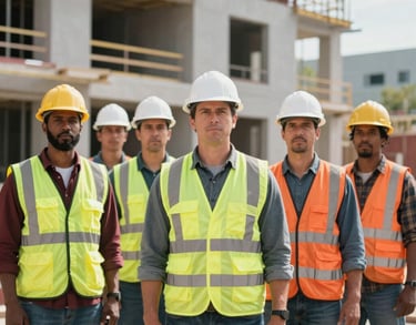 A professional group of diverse tradespeople standing together in front of a modern construction project, wearing safety vests and hard hats, looking forward with confidence. North American / US construction site during daytime.