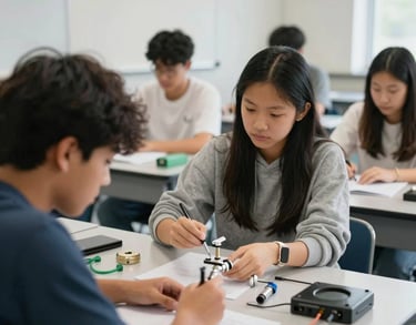 A bright, clean classroom setting with North American students engaged in a technical lecture about sustainable plumbing practices. Sharp, high-contrast photography.