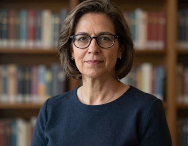 A professional portrait of a woman in her 40s with glasses, looking authoritative and approachable, standing in front of a blurred academic background. North American / US setting.