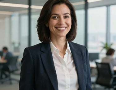 A portrait of a professional woman in business-casual attire, smiling in a modern office with glass walls, representing industry leadership. Soft natural lighting, North American / US office.