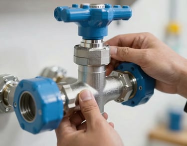 A close-up photograph of hands working on a modern plumbing manifold in a bright, professional workshop setting. The lighting is clean and bright, highlighting the steel blue and pale blue accents of the equipment. North American / US context.