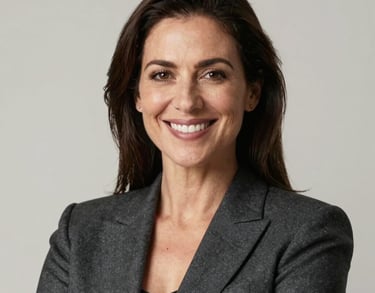 A professional portrait of a woman with a confident smile, wearing a dark slate blazer, set against a clean, neutral background. North American / US corporate style.