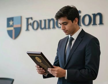 A scholarship recipient looking at their award plaque with pride, standing in front of the foundation's sleek, branded signage. Professional photography, North American / US.