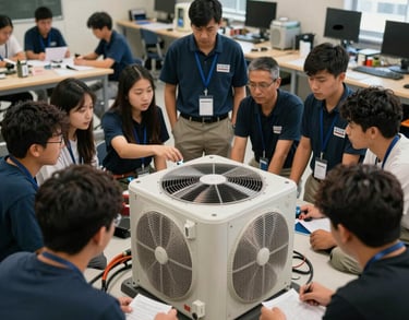 A wide shot of a collaborative workshop session where students and mentors are gathered around an HVAC system. The atmosphere is focused and empowering. North American / US technical school.