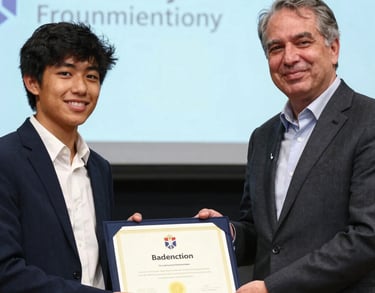 A student receiving a certificate of achievement from an industry leader, both smiling. The background shows a professional foundation event. North American / US context.
