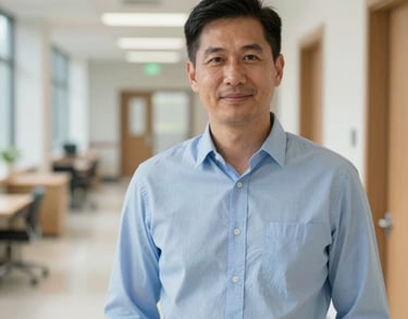 A professional portrait of a man in a light blue button-down shirt, standing in a brightly lit hallway of a modern vocational college. North American / US.