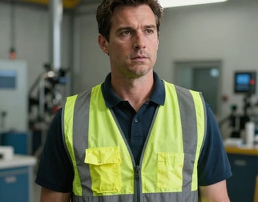 A professional portrait of a man in his late 30s wearing a high-visibility vest and a focused expression, standing in a large mechanical room. North American / US.