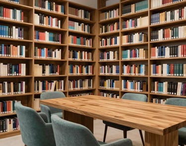 Interior of a modern South Asian library and resource center, shelves filled with books, a large wooden table, and comfortable seating in muted teal and tan colors.