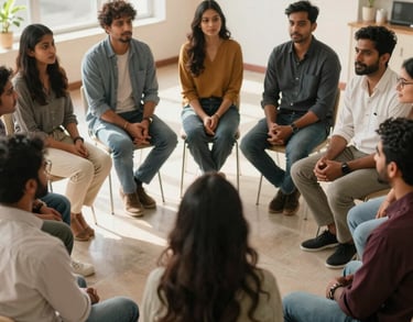 A group of diverse South Asian individuals sitting in a circle in a sunlit room, engaged in a focused and respectful community support group meeting, warm tones.