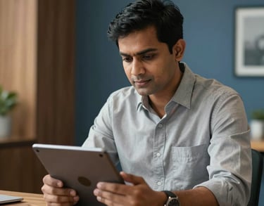 A South Asian man in a professional setting, looking thoughtfully at a tablet, wearing a light grey shirt, surrounded by warm wood and muted blue office decor.