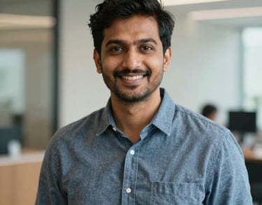 Professional portrait of a friendly South Asian man in business casual attire, smiling warmly against a soft-focus background of a modern office space, clean and professional lighting.