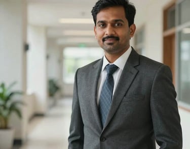 Professional portrait of a South Asian man in a dark grey suit, standing in a brightly lit corridor of a modern health foundation building, trustworthy and confident expression.