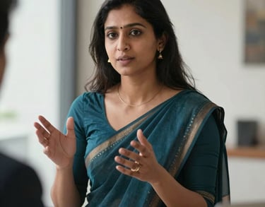 Candid shot of a South Asian professional woman gesturing during a thoughtful discussion, wearing an elegant dark teal sari, soft natural light, clean professional setting.