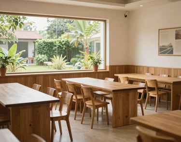 A bright, clean South Asian community center hall with minimalist wooden furniture and a large window overlooking a lush garden, soft natural light, warm and inviting atmosphere.