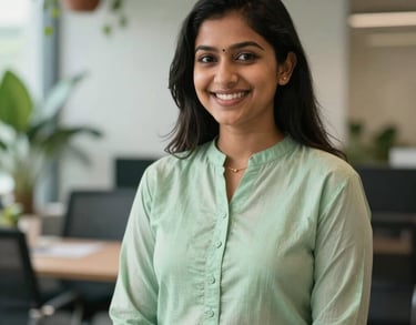 A young South Asian professional woman smiling warmly, wearing a pale green traditional kurta, in a modern office with biophilic design elements like indoor plants.