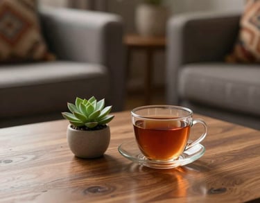 Close-up of a wooden table in a counseling room with a small succulent and a warm cup of tea, South Asian patterned textiles in the blurred background, soft diffused lighting.
