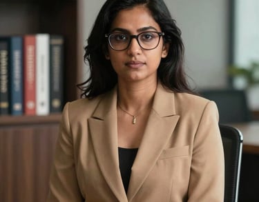 Professional portrait of a South Asian woman with glasses wearing a sophisticated tan blazer, sitting in a modern office with books on mental health visible behind her.