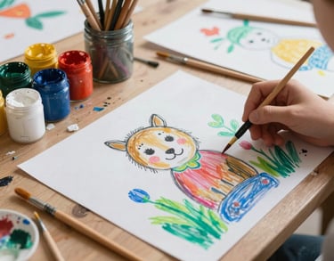 An art workshop table with paints, brushes, and colorful drawings made by children, showing creative expression.