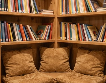 A cozy library corner with wooden shelves filled with children's books, soft cushions in tawny brown, and a warm atmosphere for reading.