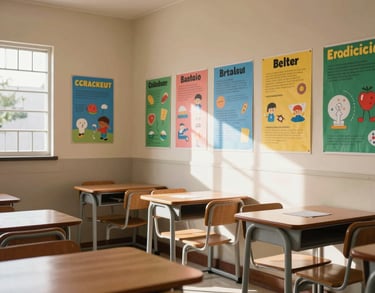 A bright classroom with colorful educational posters on beige walls, wooden desks, and sunlight streaming through windows in a Brazilian community school.
