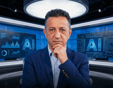 Mohammed Baida speaking from a modern news studio with digital screens behind him.