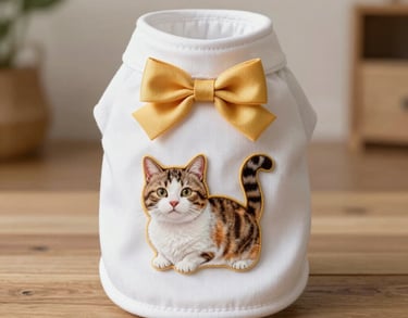 Chaleco blanco para mascotas con un moño amarillo y un parche de gato calico.
