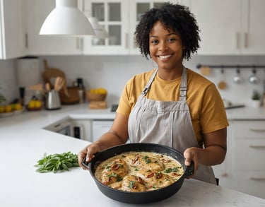 A smiling chef holds a skillet of creamy Tuscan chicken in a bright, modern kitchen.