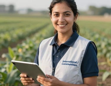 A portrait of a smiling female agricultural specialist in a field, holding a tablet and wearing a professional vest, International / Diverse Communities.