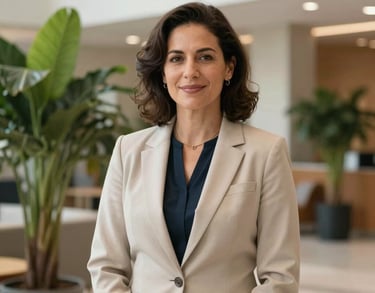 A professional portrait of a female foundation leader standing in a bright lobby with green plants in the background, warm and inviting atmosphere, International / Diverse Communities.