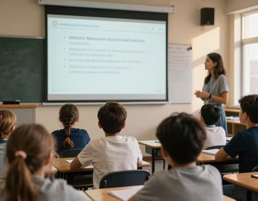 A classroom scene with young students in an International / Diverse Community looking at a projector screen with interest, warm afternoon light coming through windows.