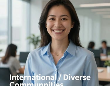 A portrait of a professional social worker in a light blue shirt smiling warmly in a bright, modern office space with large windows, professional photography, International / Diverse Communities.
