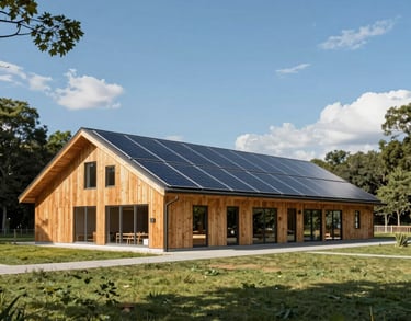 A wide-angle photo of a modern community center building with sustainable wooden architecture and solar panels, surrounded by green trees, under a bright blue sky.