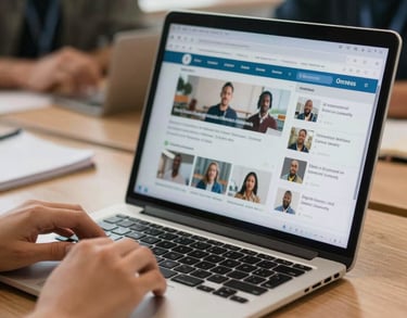 A close-up photograph of a digital literacy workshop in an International / Diverse Community, showing a modern laptop screen with educational software and hands interacting with it, bright natural lighting, warm atmosphere.