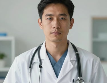 A portrait of a male medical professional with a stethoscope, looking focused and compassionate, in a clean community clinic setting, International / Diverse Communities.