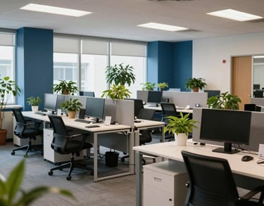 A bright, open-plan office space for the foundation, featuring collaborative desks, green indoor plants, and a palette of blue and white, professional and warm atmosphere.