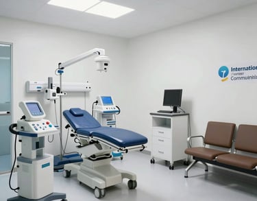 An interior shot of a clean, modern medical clinic with bright white walls and blue accents, showing medical equipment and a comfortable waiting area, International / Diverse Communities.